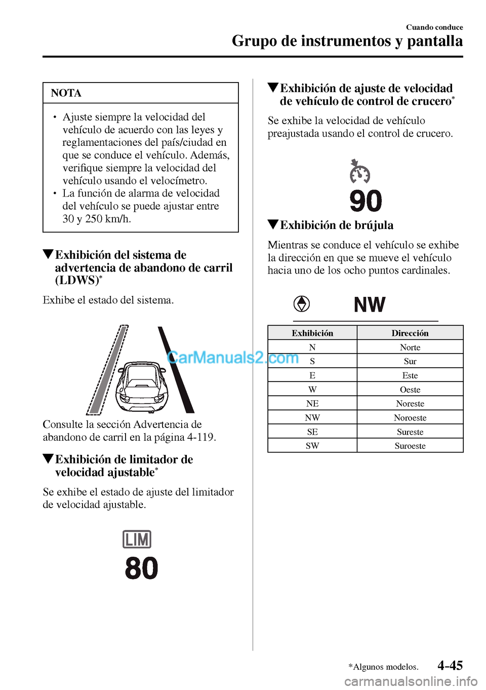 MAZDA MODEL MX-5 RF 2017  Manual del propietario (in Spanish) 4–45
Cuando conduce
Grupo de instrumentos y pantalla
*Algunos modelos.
 NOTA
� � ��  Ajuste siempre la velocidad del 
vehículo de acuerdo con las leyes y 
reglamentaciones del país/ciudad en 
q