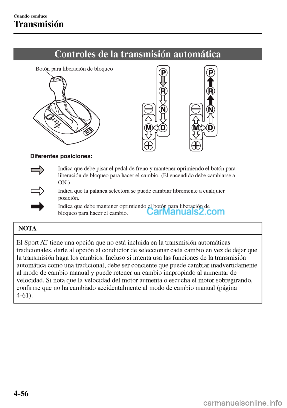 MAZDA MODEL MX-5 RF 2017  Manual del propietario (in Spanish) 4–56
Cuando conduce
Transmisión
 Controles de la transmisión automática
Botón para liberación de bloqueo
Indica que la palanca selectora se puede cambiar libremente a cualquier 
posición.
Indi