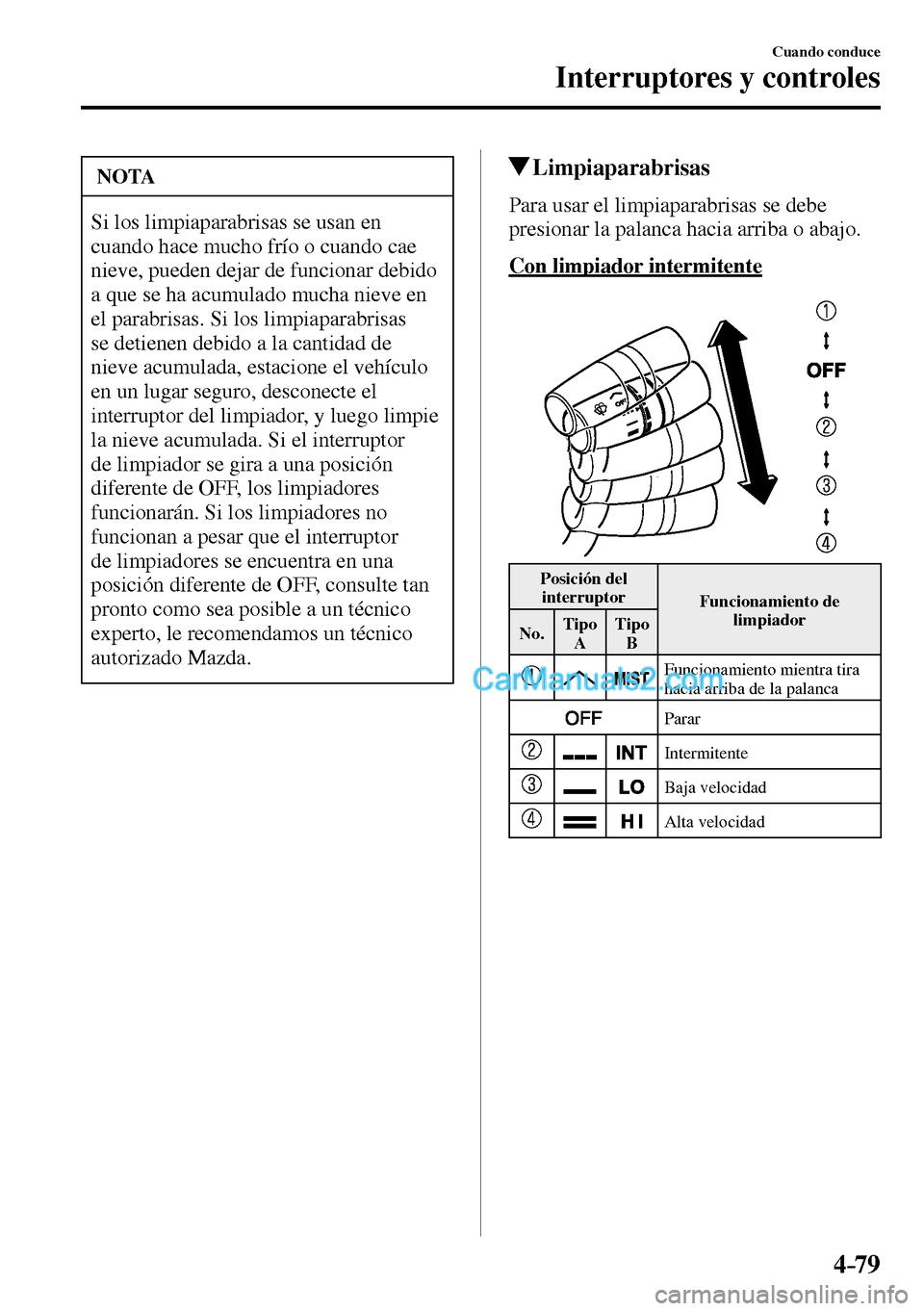 MAZDA MODEL MX-5 RF 2017  Manual del propietario (in Spanish) 4–79
Cuando conduce
Interruptores y controles
 NOTA
 Si los limpiaparabrisas se usan en 
cuando hace mucho frío o cuando cae 
nieve, pueden dejar de funcionar debido 
a que se ha acumulado mucha ni