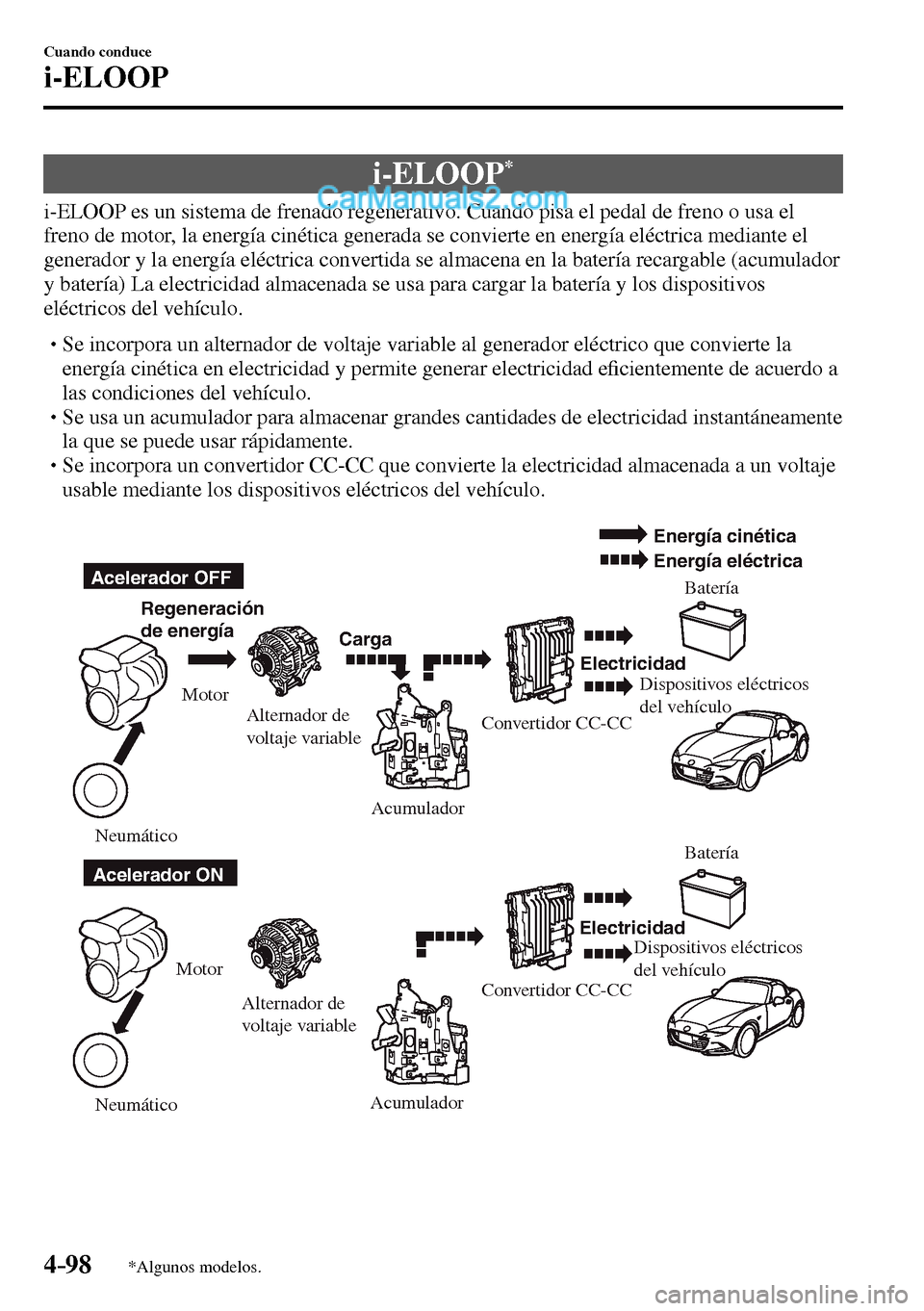 MAZDA MODEL MX-5 RF 2017  Manual del propietario (in Spanish) 4–98
Cuando conduce
i-ELOOP
*Algunos modelos.
      i-ELOOP *
            i-ELOOP es un sistema de frenado regenerativo. Cuando pisa el pedal de freno o usa el 
freno de motor, la energía cinética