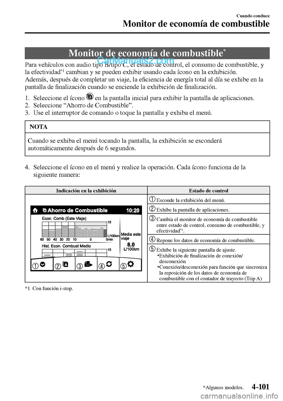 MAZDA MODEL MX-5 RF 2017  Manual del propietario (in Spanish) 4–101
Cuando conduce
Monitor de economía de combustible
*Algunos modelos.
      Monitor  de  economía  de  combustible *
            Para vehículos con audio tipo B/tipo C, el estado de control, 