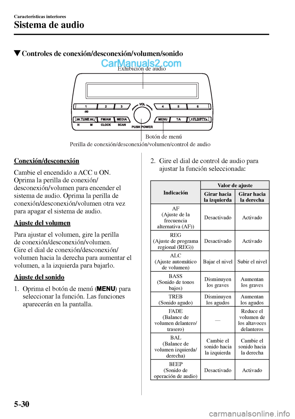 MAZDA MODEL MX-5 RF 2017  Manual del propietario (in Spanish) 5–30
Características interiores
Sistema de audio
 Controles de conexión/desconexión/volumen/sonido
Perilla de conexión/desconexión/volumen/control de audioBotón de menú  Exhibición de audio
