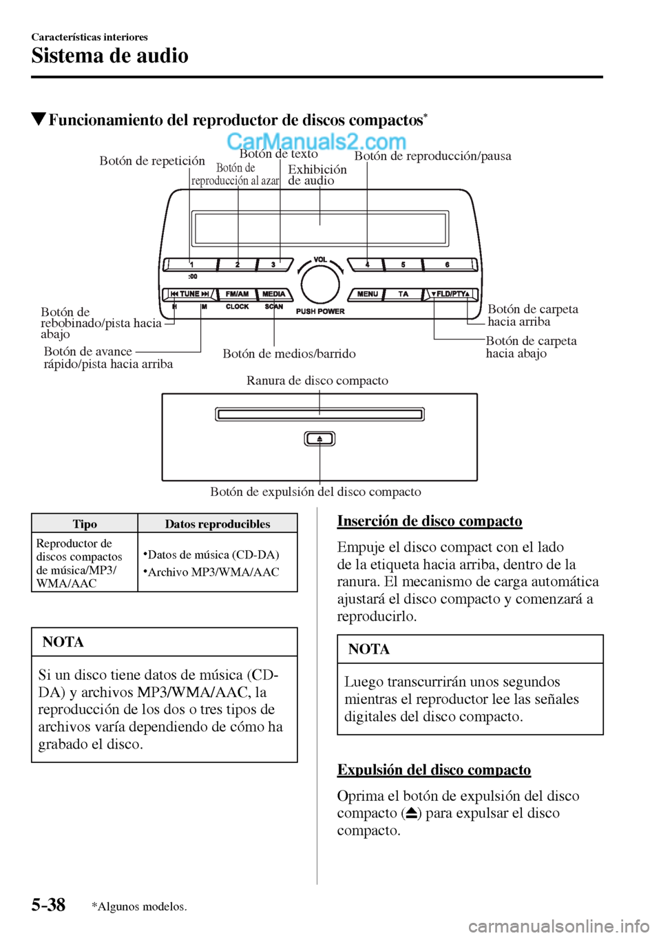 MAZDA MODEL MX-5 RF 2017  Manual del propietario (in Spanish) 5–38
Características interiores
Sistema de audio
*Algunos modelos.
 Funcionamiento del reproductor de discos compactos *
Botón de expulsión del disco compactoRanura de disco compacto Botón de me
