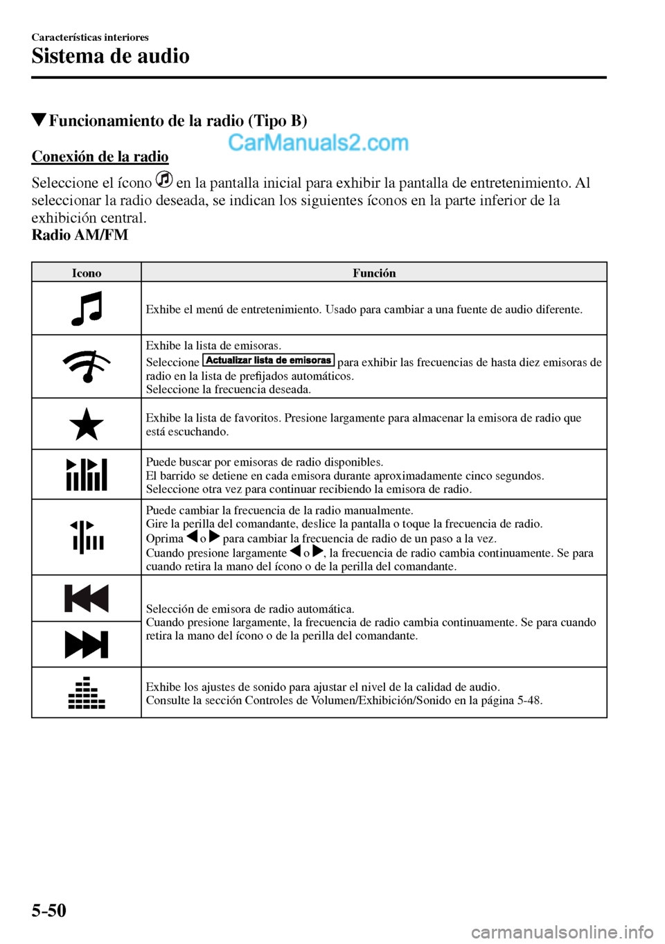 MAZDA MODEL MX-5 RF 2017 Manual del propietario (in Spanish) 5–50
Características interiores
Sistema de audio
Funcionamiento de la radio (Tipo B)
Conexión de la radio
Seleccione el ícono
en la pantalla inicial para exhibir la pantalla de MAZDA MODEL MX-5 RF 2017 Manual del propietario (in Spanish) 5–50
Características interiores
Sistema de audio
Funcionamiento de la radio (Tipo B)
Conexión de la radio
Seleccione el ícono
en la pantalla inicial para exhibir la pantalla de