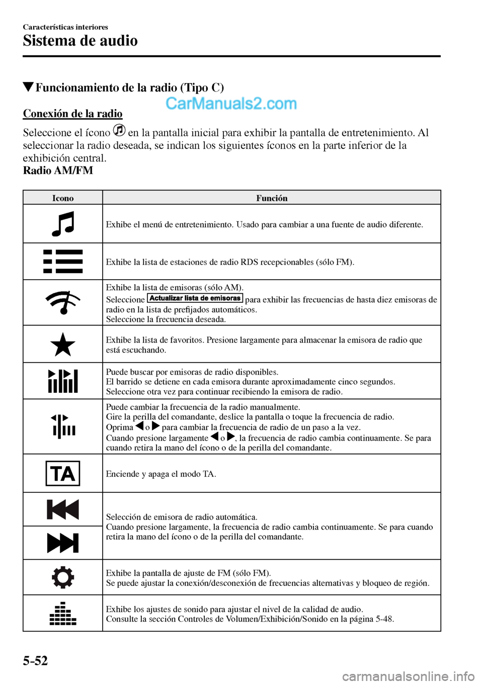 MAZDA MODEL MX-5 RF 2017  Manual del propietario (in Spanish) 5–52
Características interiores
Sistema de audio
 Funcionamiento de la radio (Tipo C)
    Conexión  de  la  radio
    Seleccione  el  ícono   
  en la pantalla inicial para exhibir la pantalla de