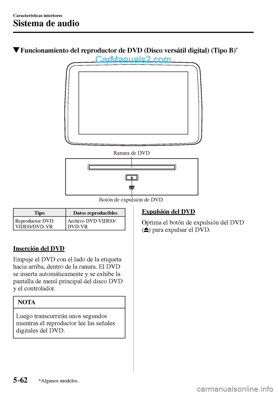 MAZDA MODEL MX-5 RF 2017  Manual del propietario (in Spanish) 5–62
Características interiores
Sistema de audio
*Algunos modelos.
 Funcionamiento del reproductor de DVD (Disco versátil digital) (Tipo B) *
Botón de expulsión de DVDRanura de DVD 
 Tipo   Dato