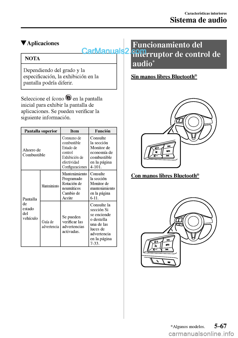 MAZDA MODEL MX-5 RF 2017  Manual del propietario (in Spanish) 5–67
Características interiores
Sistema de audio
*Algunos modelos.
 Aplicaciones
 NOTA
 Dependiendo del grado y la 
especi�¿ cación, la exhibición en la 
pantalla podría diferir. 
  Seleccione 