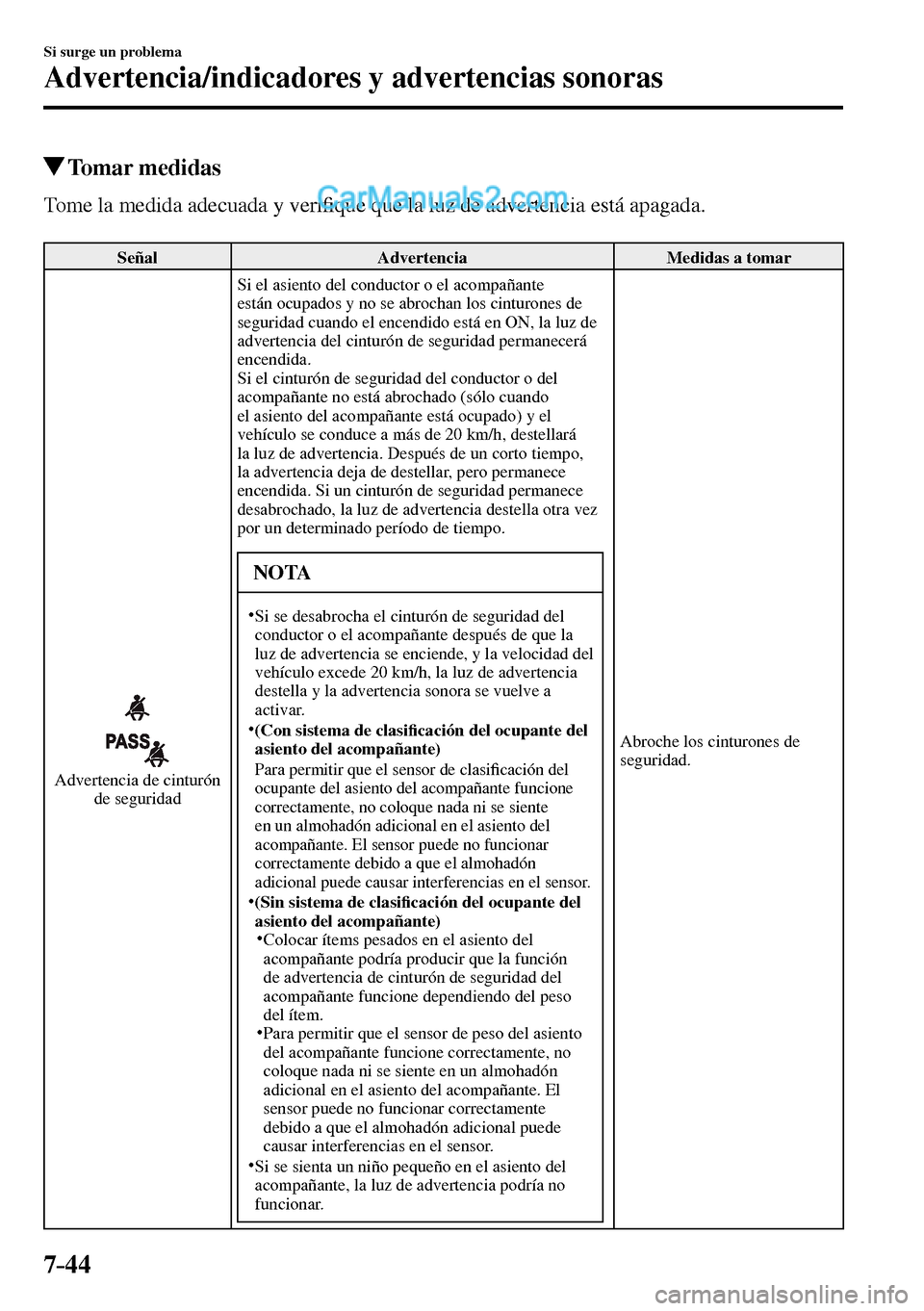 MAZDA MODEL MX-5 RF 2017  Manual del propietario (in Spanish) 7–44
Si surge un problema
Advertencia/indicadores y advertencias sonoras
 Tomar  medidas
    Tome la medida adecuada y veri�¿ que que la luz de advertencia está apagada.
 Señal   Advertencia   Me