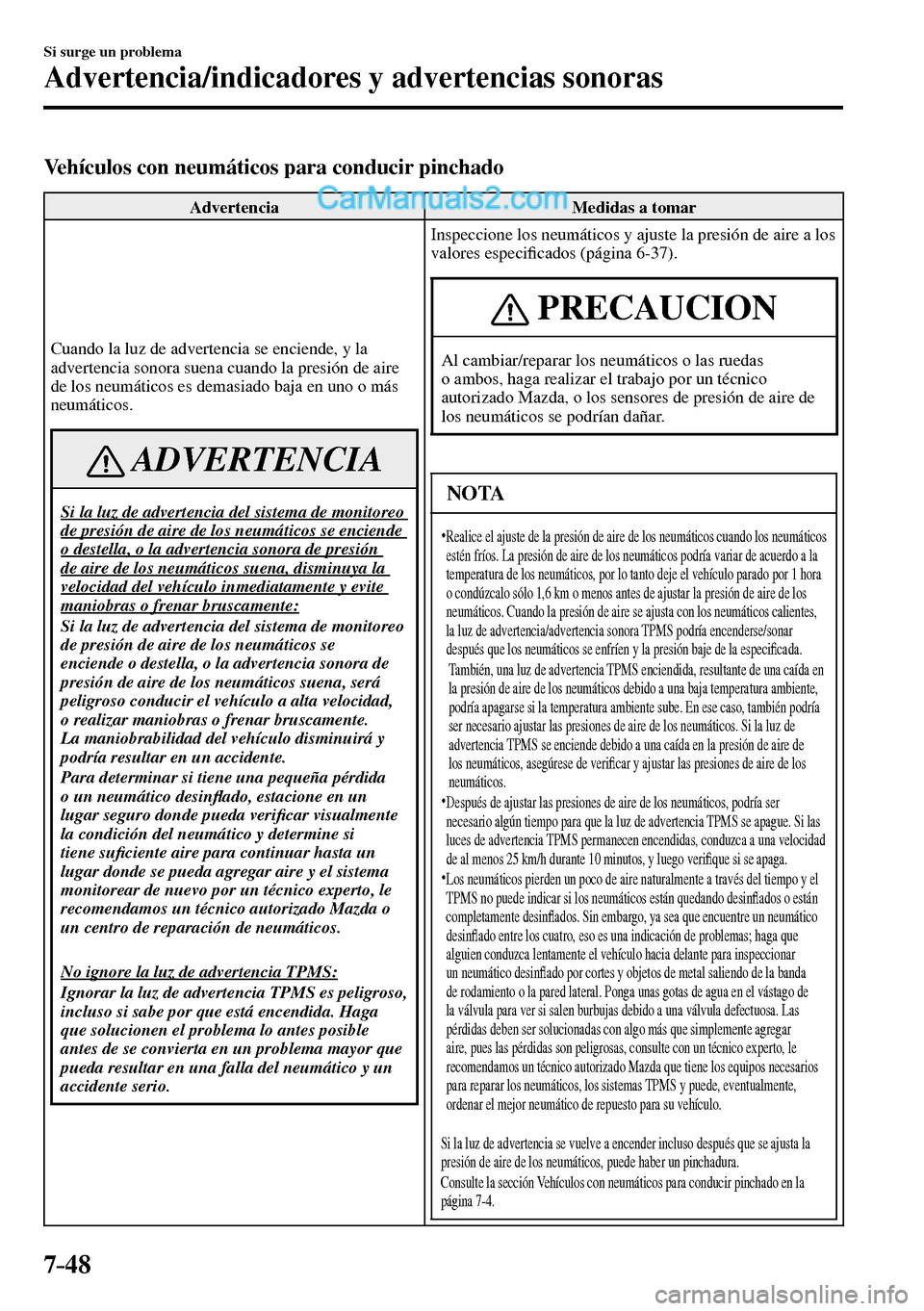 MAZDA MODEL MX-5 RF 2017  Manual del propietario (in Spanish) 7–48
Si surge un problema
Advertencia/indicadores y advertencias sonoras
  Vehículos con neumáticos para conducir pinchado
 Advertencia   Medidas  a  tomar 
 Cuando la luz de advertencia se encien