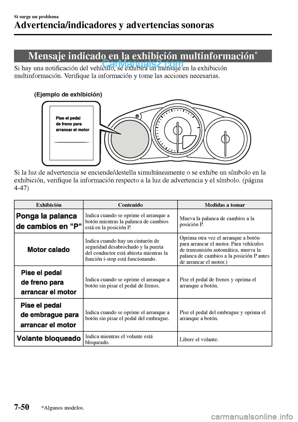 MAZDA MODEL MX-5 RF 2017  Manual del propietario (in Spanish) 7–50
Si surge un problema
Advertencia/indicadores y advertencias sonoras
*Algunos modelos.
 Mensaje indicado en la exhibición multinformación *
            Si  hay  una  noti�¿ cación del vehíc