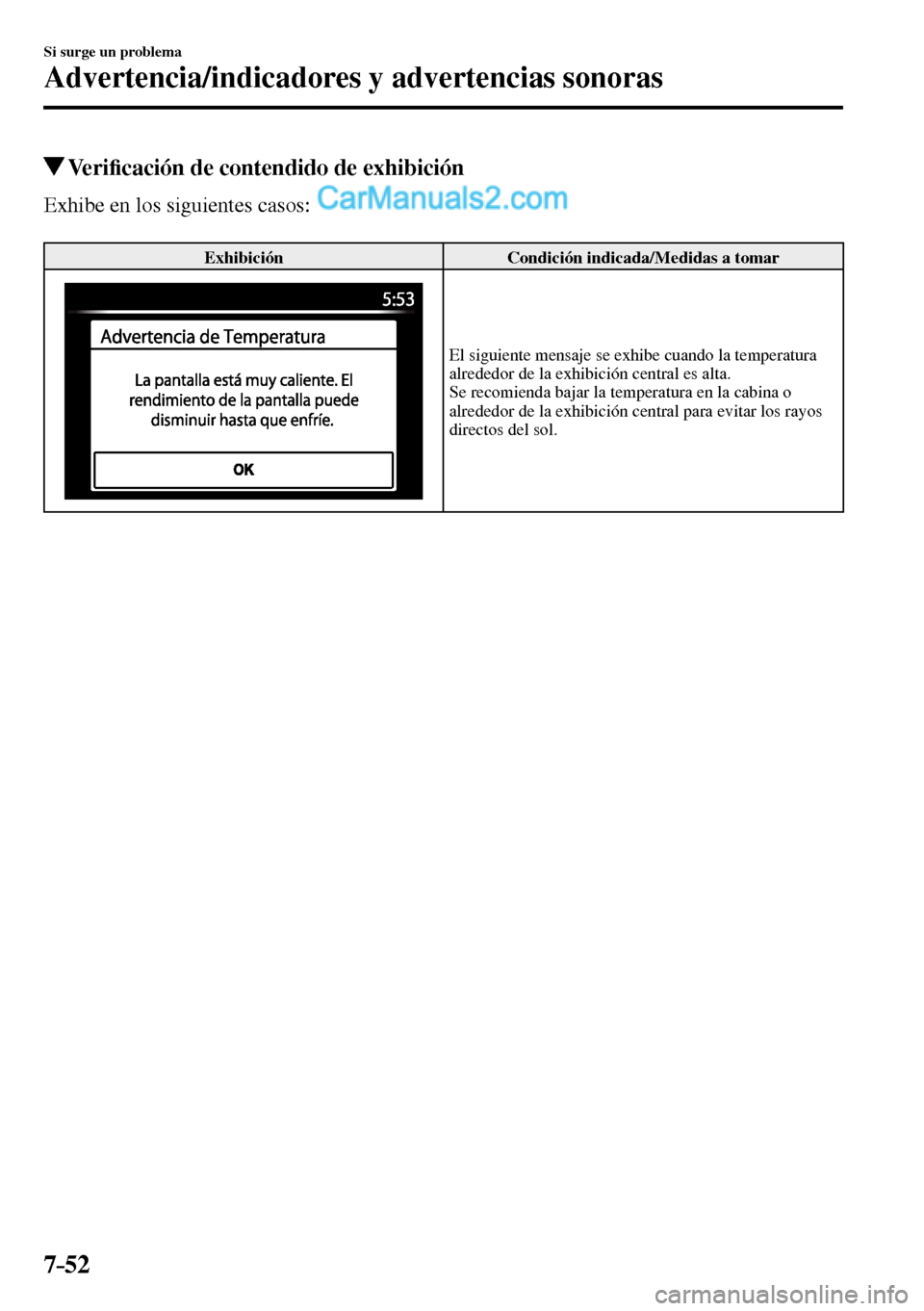 MAZDA MODEL MX-5 RF 2017  Manual del propietario (in Spanish) 7–52
Si surge un problema
Advertencia/indicadores y advertencias sonoras
 Veri�¿ cación de contendido de exhibición
    Exhibe  en  los  siguientes  casos:
 Exhibición   Condición indicada/Medi