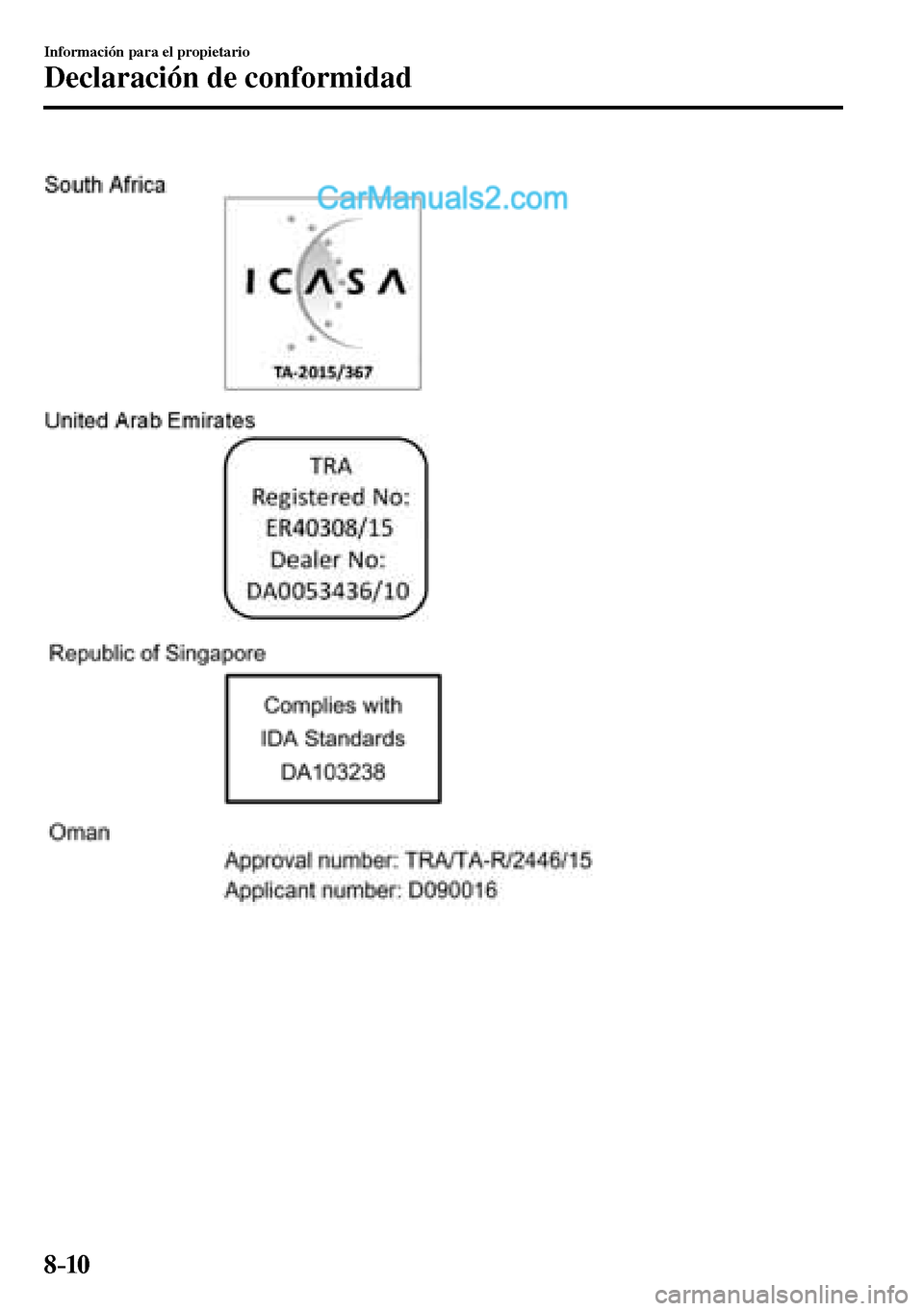 MAZDA MODEL MX-5 RF 2017  Manual del propietario (in Spanish) 8–10
Información para el propietario
Declaración de conformidad
���������������������  