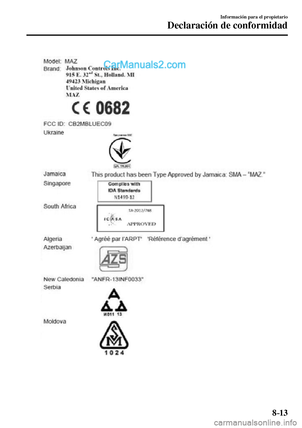 MAZDA MODEL MX-5 RF 2017  Manual del propietario (in Spanish) 8–13
Información para el propietario
Declaración de conformidad
���������������������  