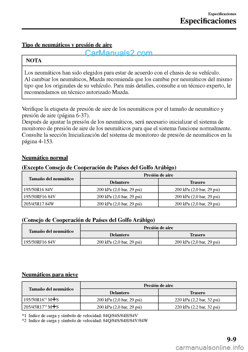 MAZDA MODEL MX-5 RF 2017  Manual del propietario (in Spanish) 9–9
Especi�¿ caciones
Especi�¿ caciones
  Tipo de neumáticos y presión de aire
 NOTA
 Los neumáticos han sido elegidos para estar de acuerdo con el chasis de su vehículo. 
 Al cambiar los neum