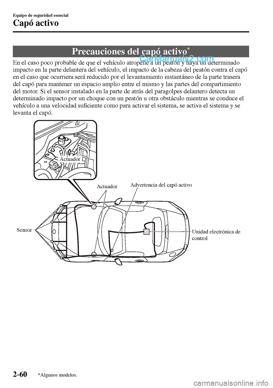 MAZDA MODEL MX-5 RF 2017  Manual del propietario (in Spanish) 2–60
Equipo de seguridad esencial
Capó activo
*Algunos modelos.
      Precauciones  del  capó  activo *
    En el caso poco probable de que el vehículo atropelle a un peatón y haya un determinad