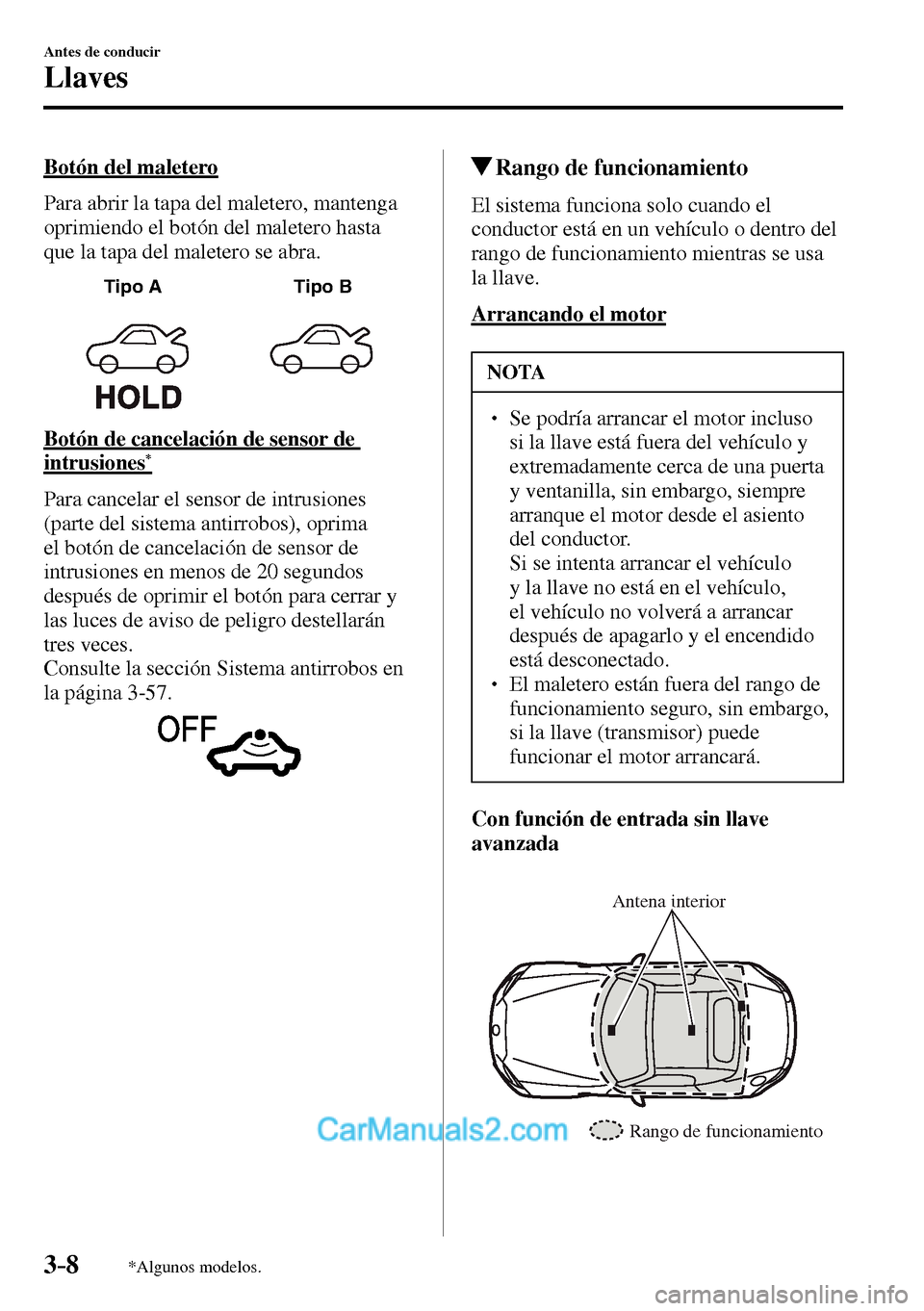 MAZDA MODEL MX-5 RF 2017  Manual del propietario (in Spanish) 3–8
Antes de conducir
Llaves
*Algunos modelos.
  Botón  del  maletero
    Para abrir la tapa del maletero, mantenga 
oprimiendo el botón del maletero hasta 
que la tapa del maletero se abra.
Tipo 