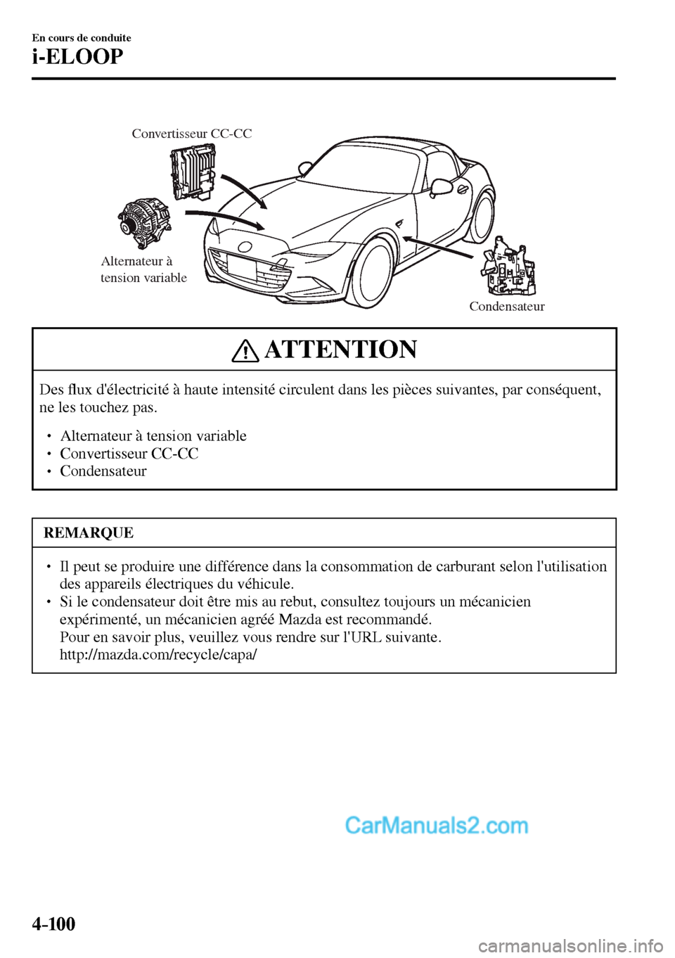 MAZDA MODEL MX-5 RF 2017  Manuel du propriétaire (in French) 4–10 0
En cours de conduite
i-ELOOP
Alternateur à 
tension variable
Condensateur Convertisseur CC-CC
 ATTENTION
 Des �À ux délectricité à haute intensité circulent dans les pièces suivantes,