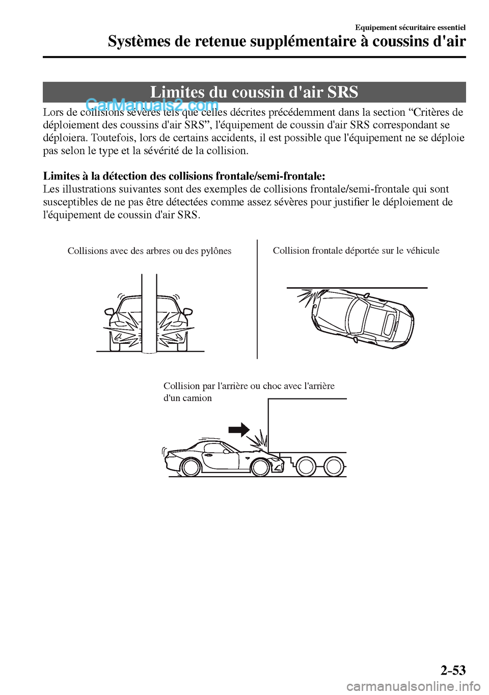 MAZDA MODEL MX-5 RF 2017  Manuel du propriétaire (in French) 2–53
Equipement sécuritaire essentiel
Systèmes de retenue supplémentaire à coussins dair
 Limites du coussin dair SRS
            Lors de collisions sévères tels que celles décrites précé