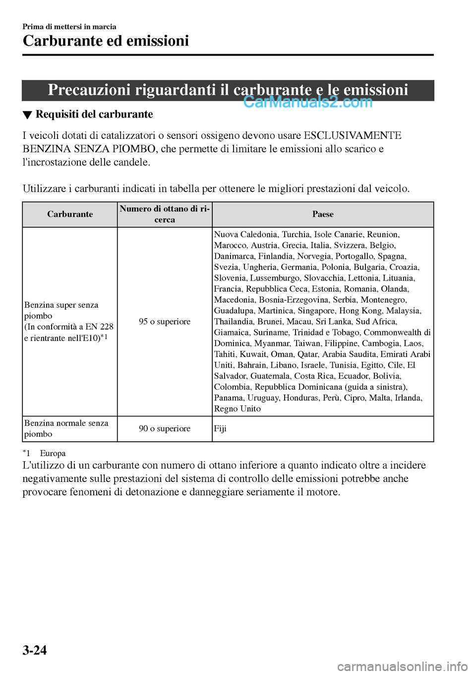 MAZDA MODEL MX-5 RF 2017 Manuale del proprietario (in Italian) Precauzioni riguardanti il carburante e le emissioni
▼Requisiti del carburante
I veicoli dotati di catalizzatori o sensori ossigeno devono usare ESCLUSIVAMENTE
BENZINA SENZA PIOMBO, che permette di MAZDA MODEL MX-5 RF 2017 Manuale del proprietario (in Italian) Precauzioni riguardanti il carburante e le emissioni
▼Requisiti del carburante
I veicoli dotati di catalizzatori o sensori ossigeno devono usare ESCLUSIVAMENTE
BENZINA SENZA PIOMBO, che permette di