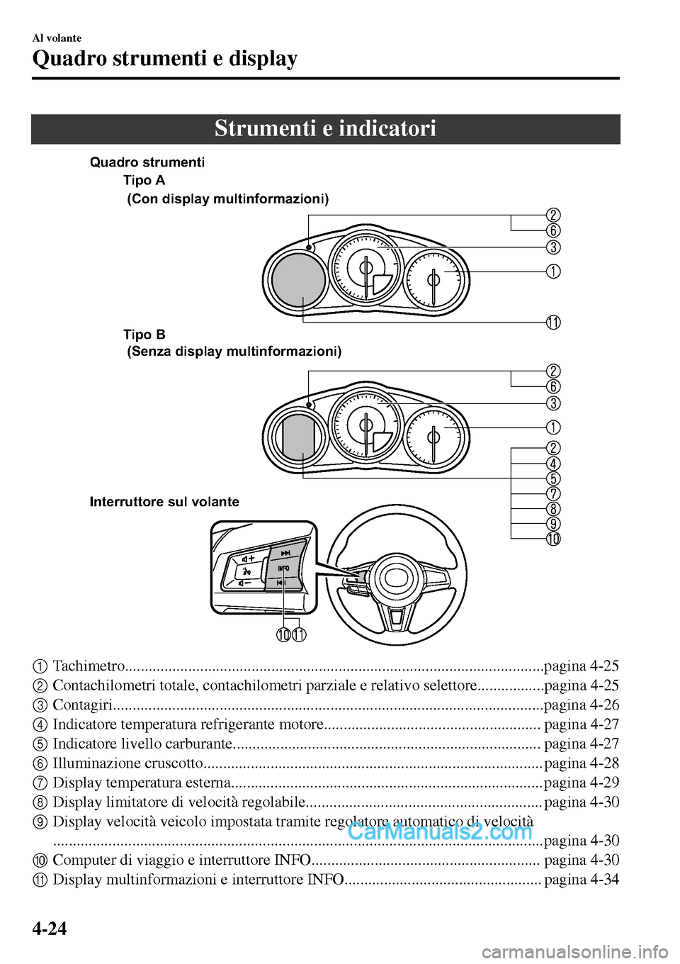 MAZDA MODEL MX-5 RF 2017  Manuale del proprietario (in Italian) Strumenti e indicatori
Tipo A
Tipo B 
Interruttore sul volante (Con display multinformazioni)
 (Senza display multinformazioni) Quadro strumenti
1Tachimetro............................................