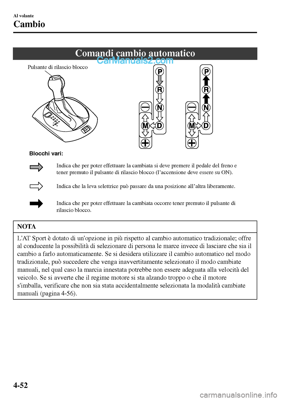MAZDA MODEL MX-5 RF 2017  Manuale del proprietario (in Italian) Comandi cambio automatico
Pulsante di rilascio blocco
Indica che la leva selettrice può passare da una posizione all’altra liberamente.
Indica che per poter effettuare la cambiata occorre tener pre