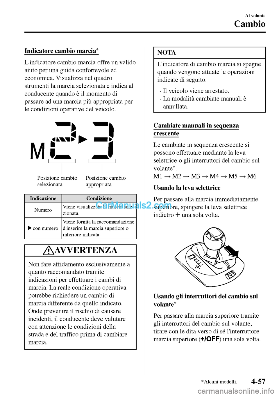 MAZDA MODEL MX-5 RF 2017 Manuale del proprietario (in Italian) Indicatore cambio marcia*
Lindicatore cambio marcia offre un valido
aiuto per una guida confortevole ed
economica. Visualizza nel quadro
strumenti la marcia selezionata e indica al
conducente quando MAZDA MODEL MX-5 RF 2017 Manuale del proprietario (in Italian) Indicatore cambio marcia*
Lindicatore cambio marcia offre un valido
aiuto per una guida confortevole ed
economica. Visualizza nel quadro
strumenti la marcia selezionata e indica al
conducente quando