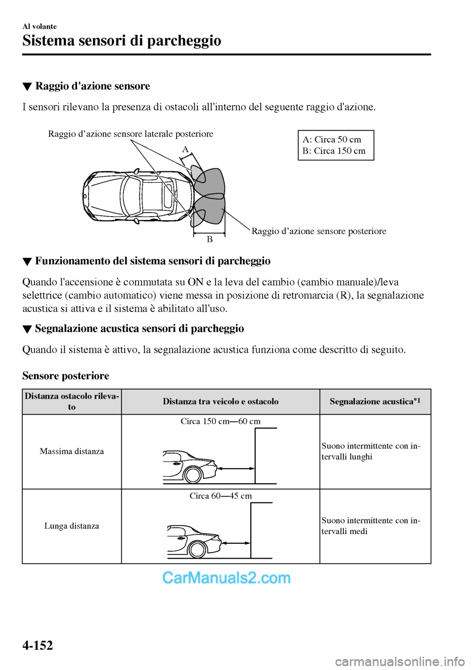 MAZDA MODEL MX-5 RF 2017 Manuale del proprietario (in Italian) ▼Raggio dazione sensore
I sensori rilevano la presenza di ostacoli allinterno del seguente raggio dazione.
Raggio d’azione sensore posteriore Raggio d’azione sensore laterale posterioreB AA MAZDA MODEL MX-5 RF 2017 Manuale del proprietario (in Italian) ▼Raggio dazione sensore
I sensori rilevano la presenza di ostacoli allinterno del seguente raggio dazione.
Raggio d’azione sensore posteriore Raggio d’azione sensore laterale posterioreB AA