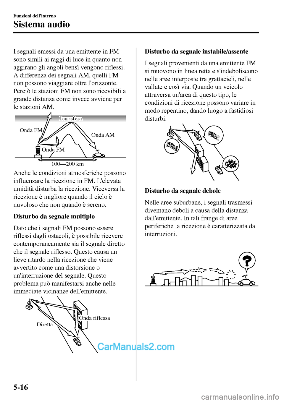 MAZDA MODEL MX-5 RF 2017 Manuale del proprietario (in Italian) I segnali emessi da una emittente in FM
sono simili ai raggi di luce in quanto non
aggirano gli angoli bensì vengono riflessi.
A differenza dei segnali AM, quelli FM
non possono viaggiare oltre lori MAZDA MODEL MX-5 RF 2017 Manuale del proprietario (in Italian) I segnali emessi da una emittente in FM
sono simili ai raggi di luce in quanto non
aggirano gli angoli bensì vengono riflessi.
A differenza dei segnali AM, quelli FM
non possono viaggiare oltre lori