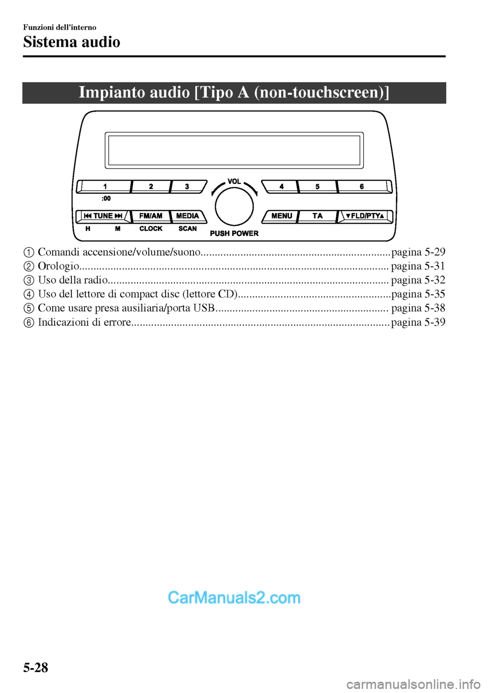 MAZDA MODEL MX-5 RF 2017  Manuale del proprietario (in Italian) Impianto audio [Tipo A (non-touchscreen)]
1Comandi accensione/volume/suono...................................................................pagina 5-29
2Orologio......................................