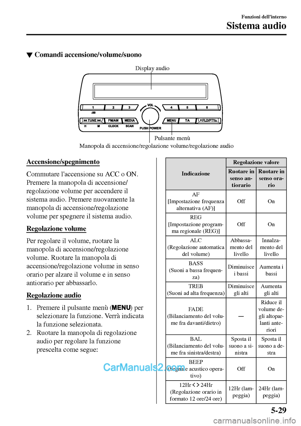 MAZDA MODEL MX-5 RF 2017  Manuale del proprietario (in Italian) ▼Comandi accensione/volume/suono
Manopola di accensione/regolazione volume/regolazione audioPulsante menù Display audio
Accensione/spegnimento
Commutare laccensione su ACC o ON.
Premere la manopol