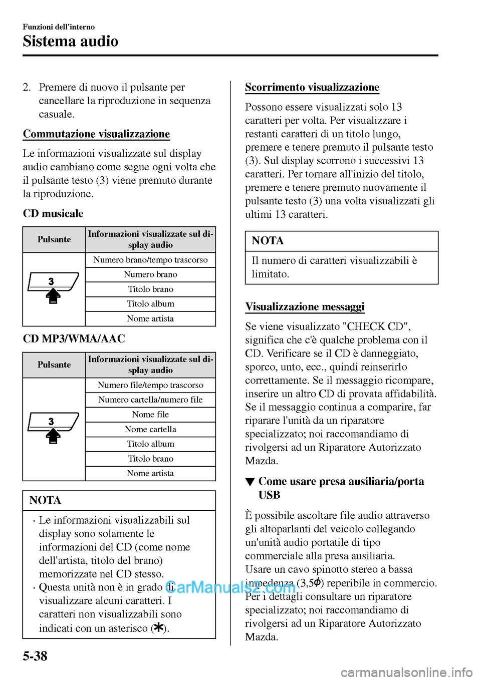 MAZDA MODEL MX-5 RF 2017  Manuale del proprietario (in Italian) 2. Premere di nuovo il pulsante per
cancellare la riproduzione in sequenza
casuale.
Commutazione visualizzazione
Le informazioni visualizzate sul display
audio cambiano come segue ogni volta che
il pu