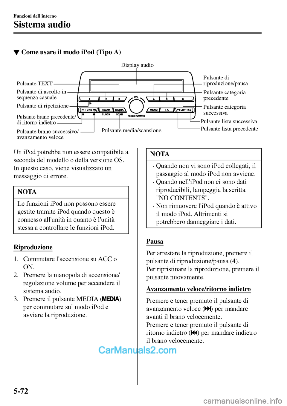 MAZDA MODEL MX-5 RF 2017  Manuale del proprietario (in Italian) ▼Come usare il modo iPod (Tipo A)
Pulsante media/scansionePulsante lista precedente Pulsante lista successivaPulsante di 
riproduzione/pausa
Pulsante di ascolto in 
sequenza casuale
Pulsante di ripe