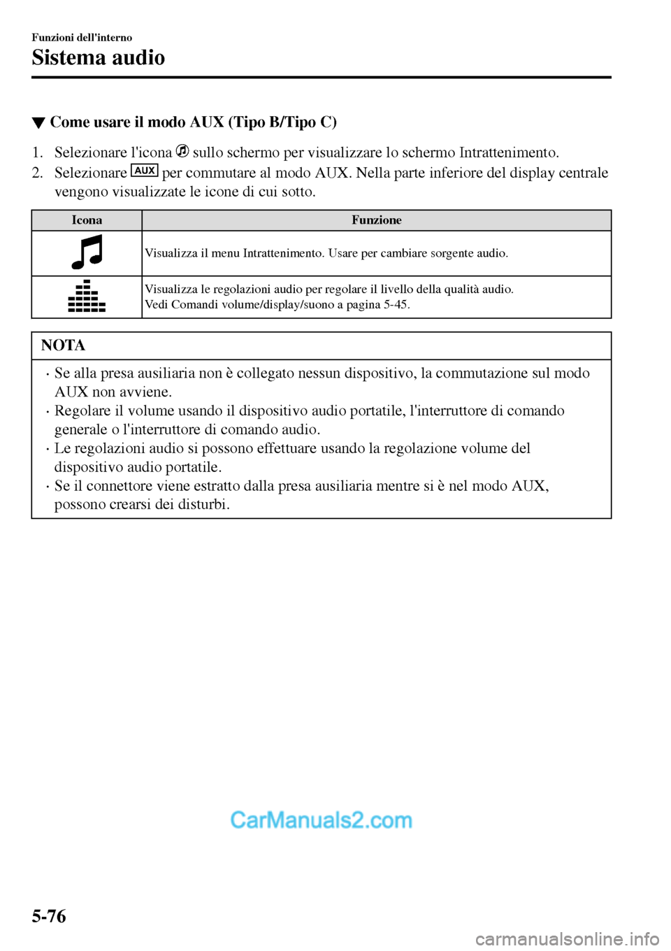 MAZDA MODEL MX-5 RF 2017  Manuale del proprietario (in Italian) ▼Come usare il modo AUX (Tipo B/Tipo C)
1. Selezionare licona  sullo schermo per visualizzare lo schermo Intrattenimento.
2. Selezionare 
AUX per commutare al modo AUX. Nella parte inferiore del di