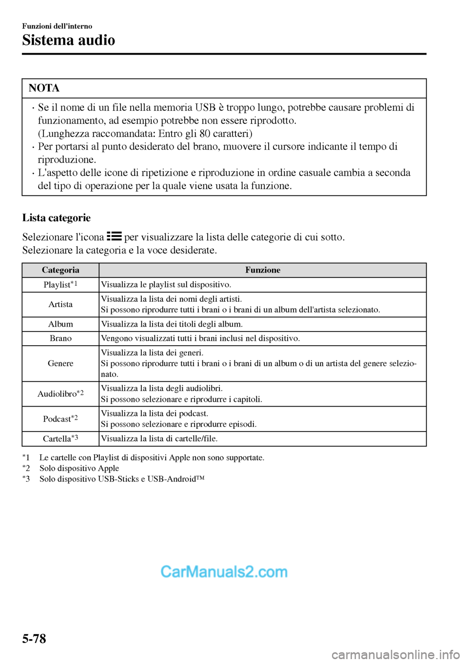 MAZDA MODEL MX-5 RF 2017  Manuale del proprietario (in Italian) NOTA
•Se il nome di un file nella memoria USB è troppo lungo, potrebbe causare problemi di
funzionamento, ad esempio potrebbe non essere riprodotto.
(Lunghezza raccomandata: Entro gli 80 caratteri)