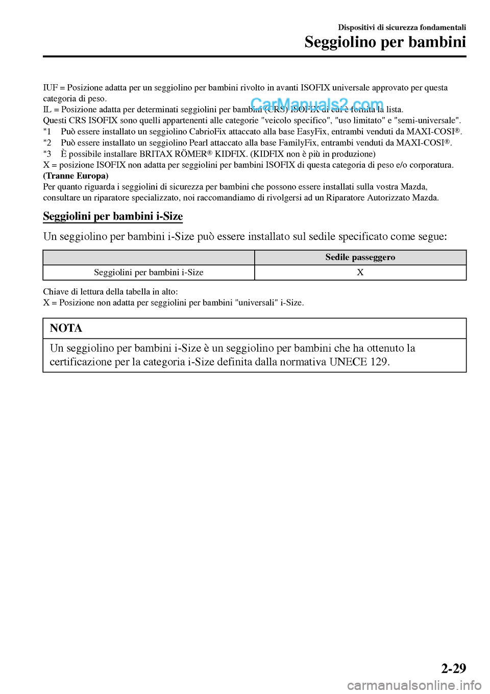 MAZDA MODEL MX-5 RF 2017 Manuale del proprietario (in Italian) IUF = Posizione adatta per un seggiolino per bambini rivolto in avanti ISOFIX universale approvato per questa
categoria di peso.
IL = Posizione adatta per determinati seggiolini per bambini (CRS) ISOF MAZDA MODEL MX-5 RF 2017 Manuale del proprietario (in Italian) IUF = Posizione adatta per un seggiolino per bambini rivolto in avanti ISOFIX universale approvato per questa
categoria di peso.
IL = Posizione adatta per determinati seggiolini per bambini (CRS) ISOF