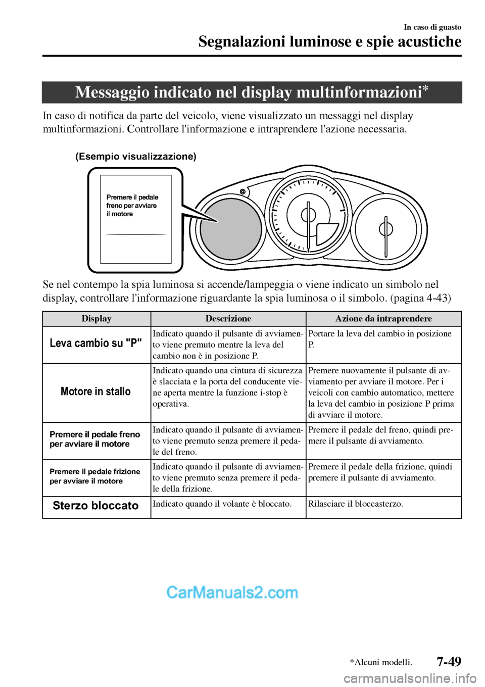 MAZDA MODEL MX-5 RF 2017  Manuale del proprietario (in Italian) Messaggio indicato nel display multinformazioni*
In caso di notifica da parte del veicolo, viene visualizzato un messaggi nel display
multinformazioni. Controllare linformazione e intraprendere lazi