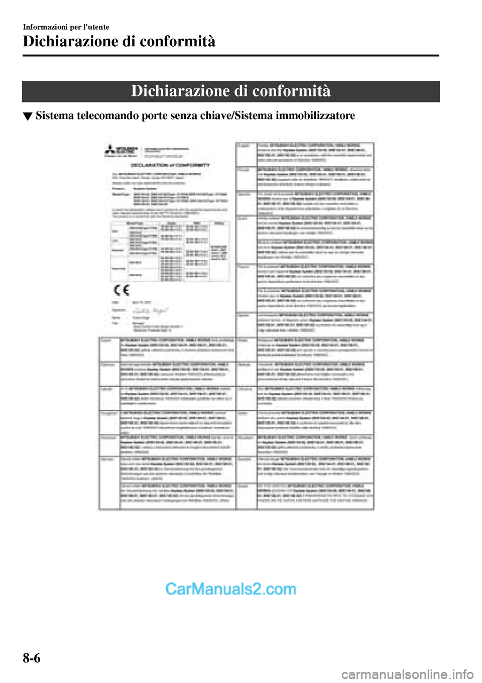 MAZDA MODEL MX-5 RF 2017  Manuale del proprietario (in Italian) Dichiarazione di conformità
▼Sistema telecomando porte senza chiave/Sistema immobilizzatore
Informazioni per lutente
Dichiarazione di conformit