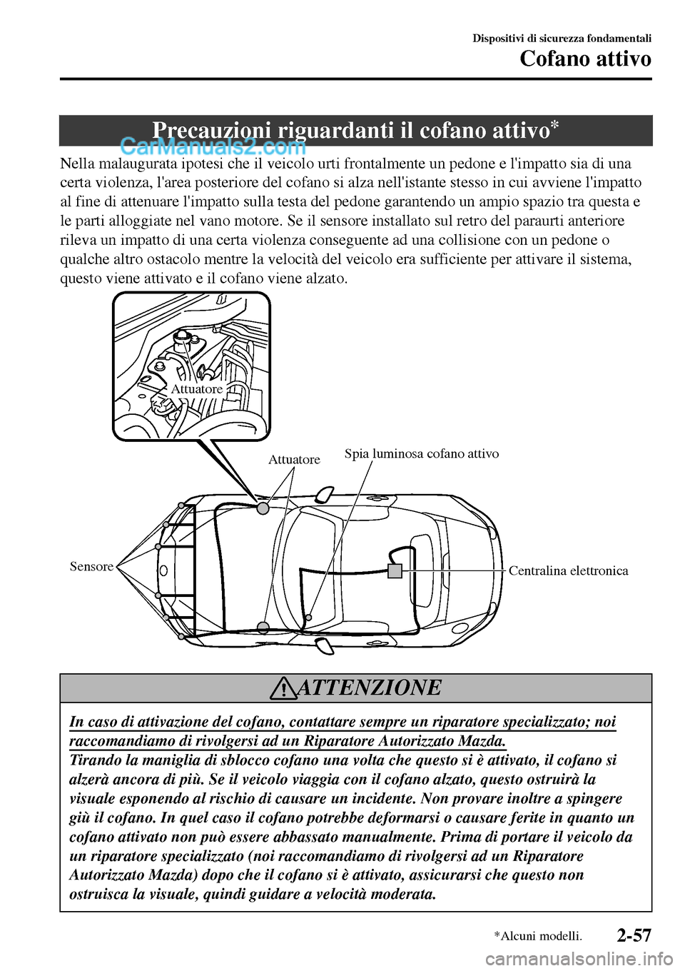 MAZDA MODEL MX-5 RF 2017 Manuale del proprietario (in Italian) Precauzioni riguardanti il cofano attivo*
Nella malaugurata ipotesi che il veicolo urti frontalmente un pedone e limpatto sia di una
certa violenza, larea posteriore del cofano si alza nellistante MAZDA MODEL MX-5 RF 2017 Manuale del proprietario (in Italian) Precauzioni riguardanti il cofano attivo*
Nella malaugurata ipotesi che il veicolo urti frontalmente un pedone e limpatto sia di una
certa violenza, larea posteriore del cofano si alza nellistante