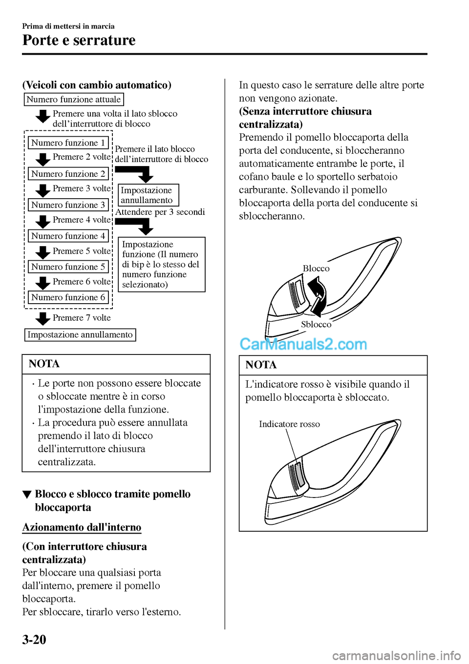 MAZDA MODEL MX-5 RF 2017 Manuale del proprietario (in Italian) (Veicoli con cambio automatico)
Premere una volta il lato sblocco
dell’interruttore di blocco
Premere 2 volte
Premere 3 volte
Numero funzione attuale
Numero funzione 1
Numero funzione 2
Premere 4 v MAZDA MODEL MX-5 RF 2017 Manuale del proprietario (in Italian) (Veicoli con cambio automatico)
Premere una volta il lato sblocco
dell’interruttore di blocco
Premere 2 volte
Premere 3 volte
Numero funzione attuale
Numero funzione 1
Numero funzione 2
Premere 4 v