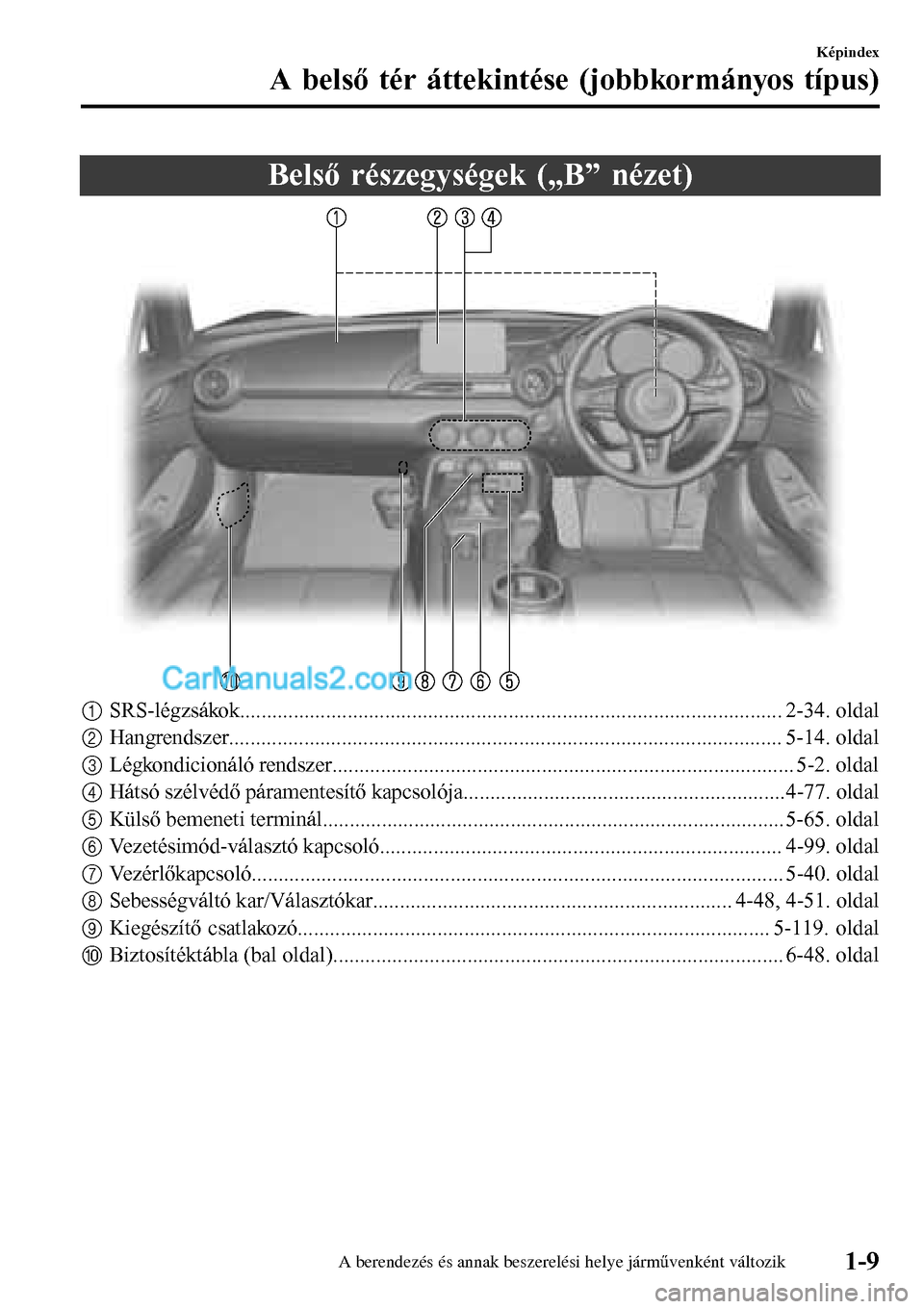 MAZDA MODEL MX-5 RF 2017  Kezelési útmutató (in Hungarian) Belső részegységek („B” nézet)
1SRS-légzsákok..................................................................................................... 2-34. oldal
2Hangrendszer..................