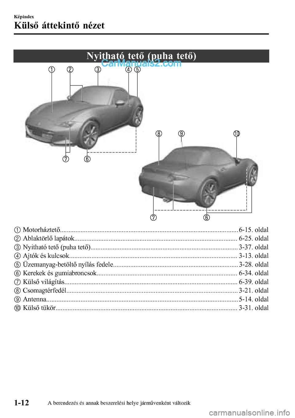 MAZDA MODEL MX-5 RF 2017  Kezelési útmutató (in Hungarian) Nyitható tető (puha tető)
1Motorháztető........................................................................................................ 6-15. oldal
2Ablaktörlő lapátok.................