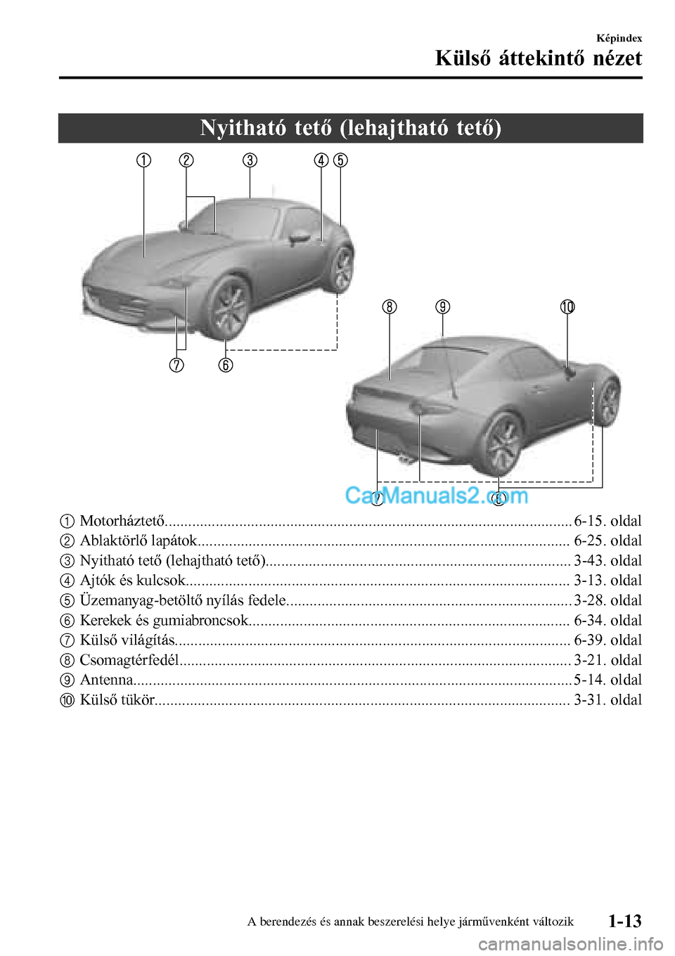 MAZDA MODEL MX-5 RF 2017  Kezelési útmutató (in Hungarian) Nyitható tető (lehajtható tető)
1Motorháztető........................................................................................................ 6-15. oldal
2Ablaktörlő lapátok..........