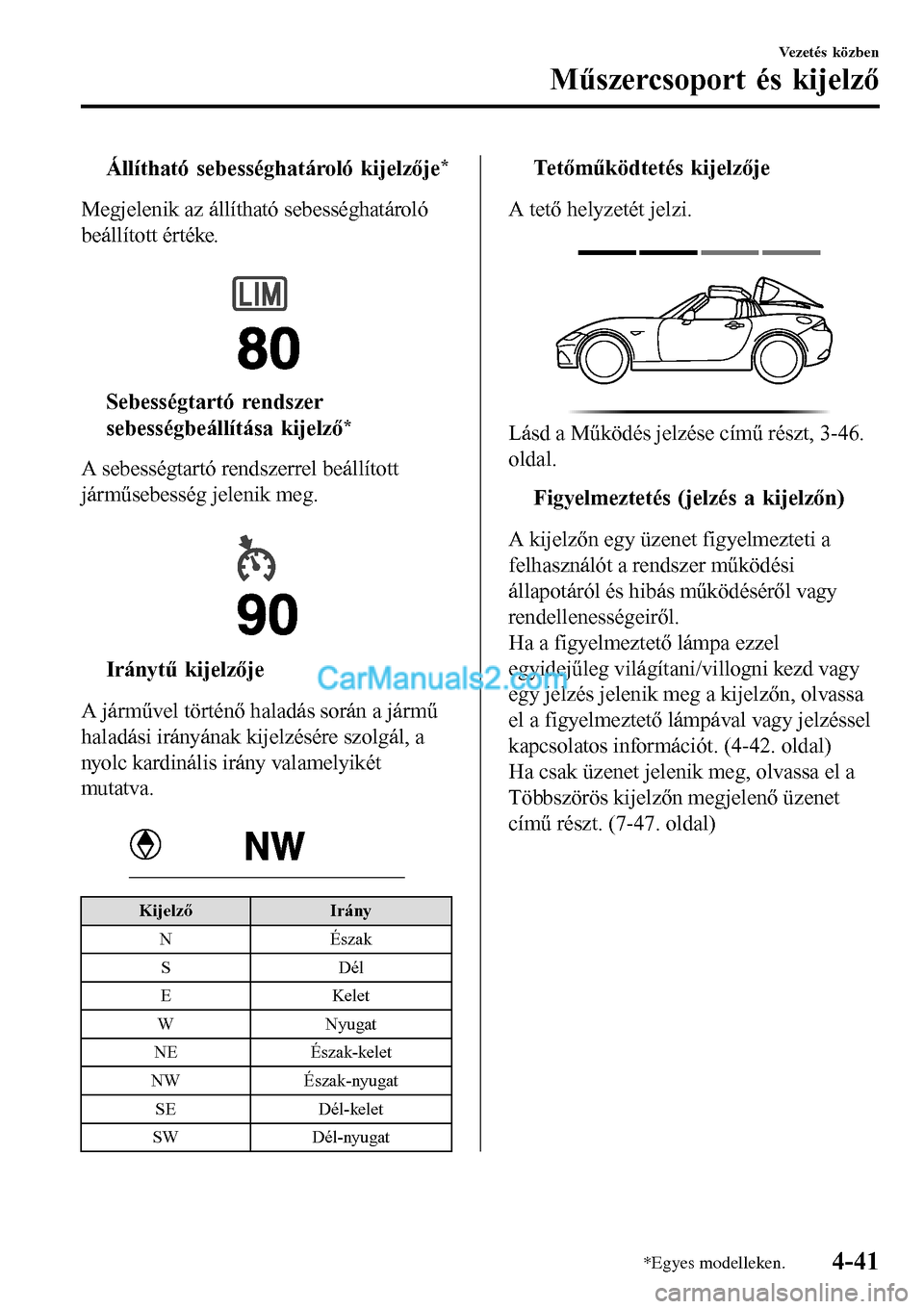 MAZDA MODEL MX-5 RF 2017 Kezelési útmutató (in Hungarian) tÁllítható sebességhatároló kijelzője*
Megjelenik az állítható sebességhatároló
beállított értéke.
tSebességtartó rendszer
sebességbeállítása kijelző
*
A sebességtartó rend MAZDA MODEL MX-5 RF 2017 Kezelési útmutató (in Hungarian) tÁllítható sebességhatároló kijelzője*
Megjelenik az állítható sebességhatároló
beállított értéke.
tSebességtartó rendszer
sebességbeállítása kijelző
*
A sebességtartó rend