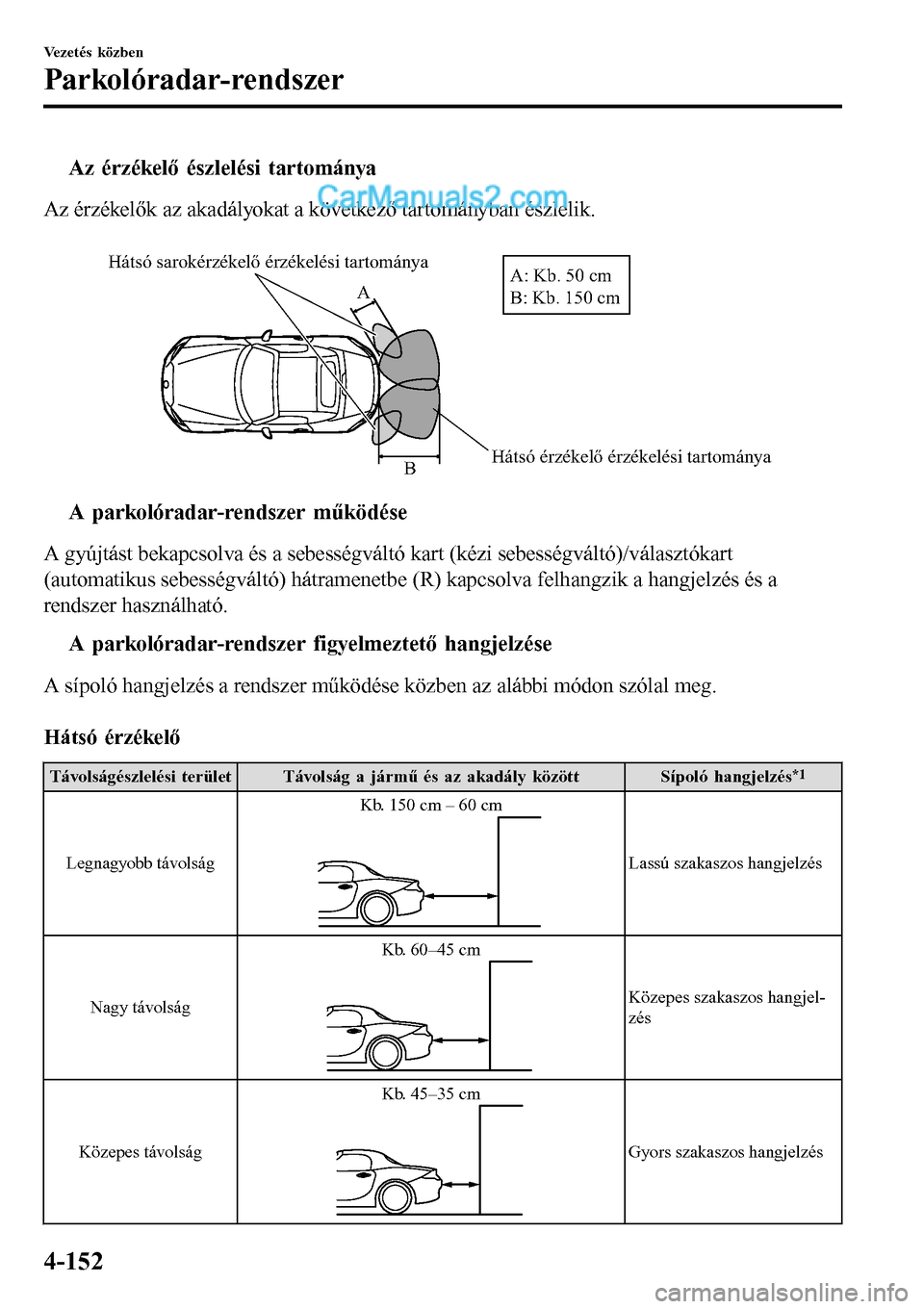 MAZDA MODEL MX-5 RF 2017  Kezelési útmutató (in Hungarian) tAz érzékelő észlelési tartománya
Az érzékelők az akadályokat a következő tartományban észlelik.
 
Hátsó érzékelő érzékelési tartománya Hátsó sarokérzékelő érzékelési ta