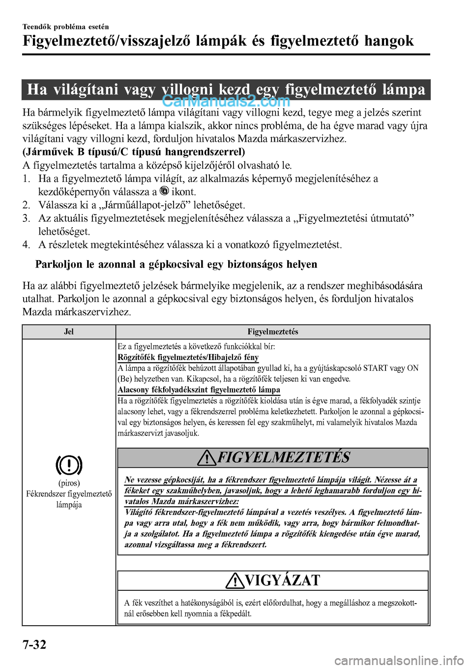MAZDA MODEL MX-5 RF 2017 Kezelési útmutató (in Hungarian) Ha világítani vagy villogni kezd egy figyelmeztető lámpa
Ha bármelyik figyelmeztető lámpa világítani vagy villogni kezd, tegye meg a jelzés szerint
szükséges lépéseket. Ha a lámpa kials MAZDA MODEL MX-5 RF 2017 Kezelési útmutató (in Hungarian) Ha világítani vagy villogni kezd egy figyelmeztető lámpa
Ha bármelyik figyelmeztető lámpa világítani vagy villogni kezd, tegye meg a jelzés szerint
szükséges lépéseket. Ha a lámpa kials