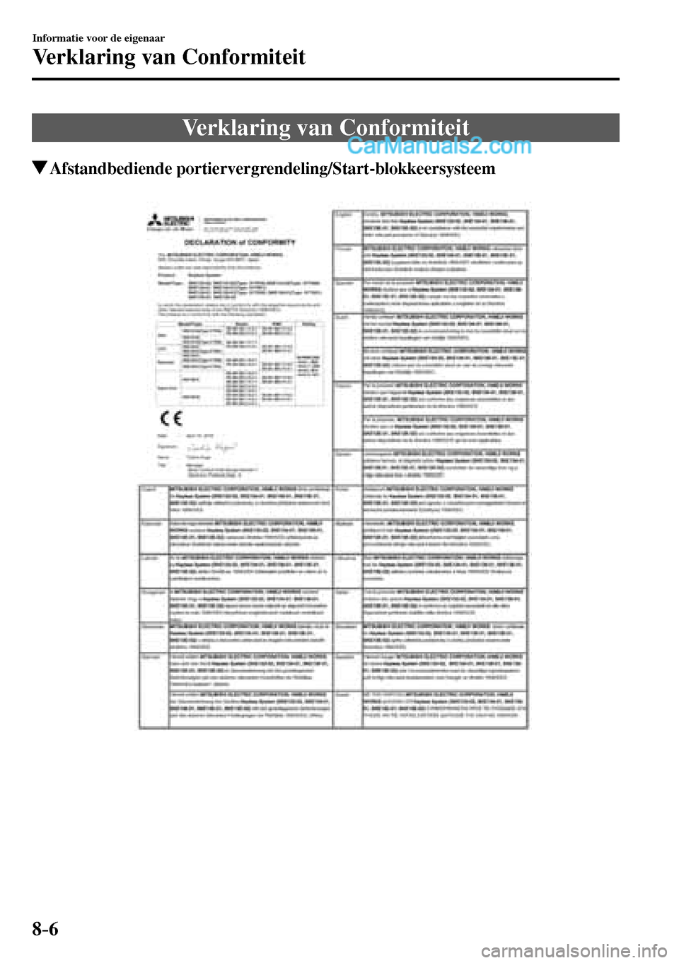 MAZDA MODEL MX-5 RF 2017  Handleiding (in Dutch) 8–6
Informatie voor de eigenaar
Verklaring van Conformiteit
      Verklaring  van  Conformiteit
 Afstandbediende  portiervergrendeling/Start-blokkeersysteem
�������������������� 