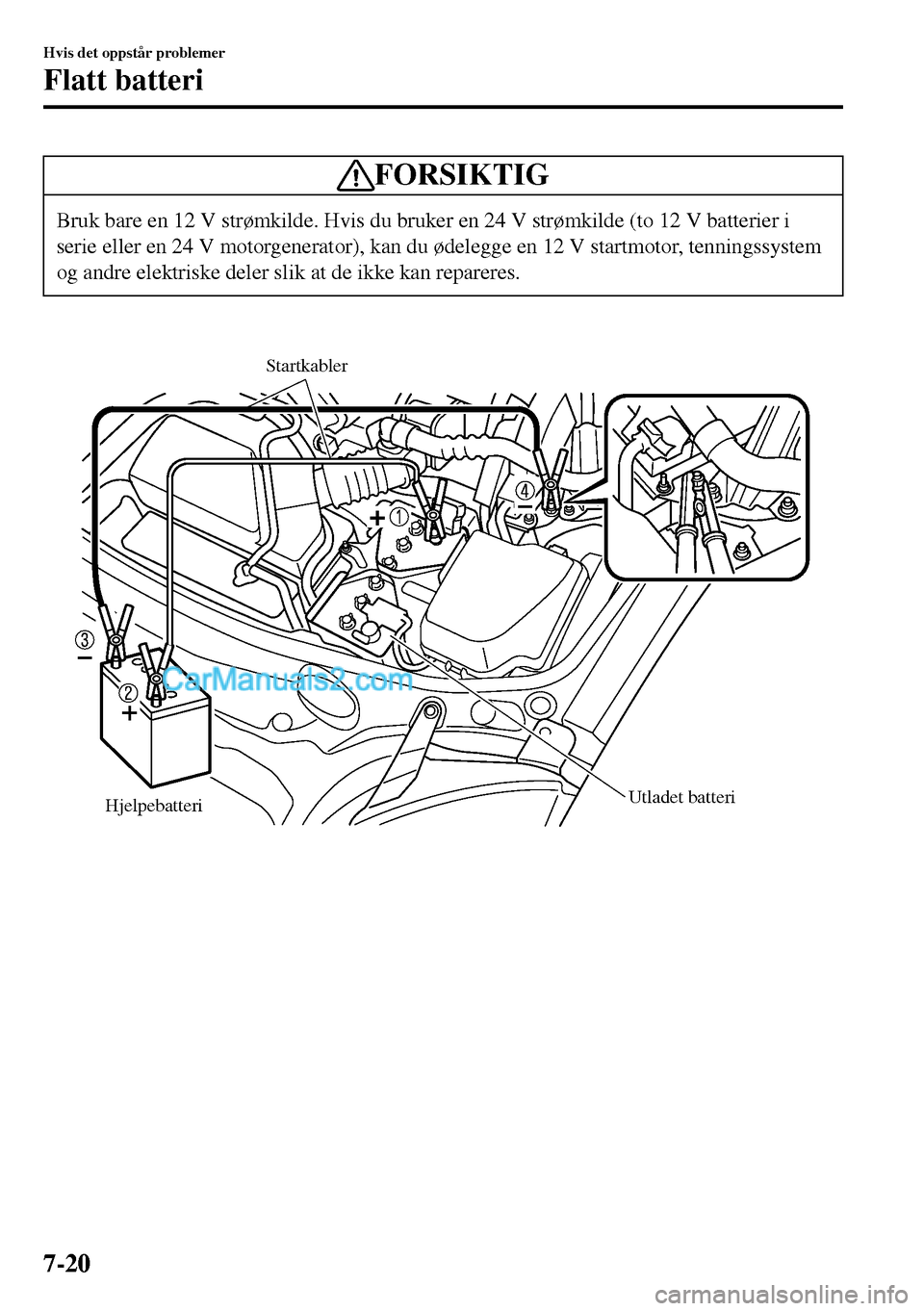 MAZDA MODEL MX-5 RF 2017  Brukerhåndbok (in Norwegian) FORSIKTIG
Bruk bare en 12 V strømkilde. Hvis du bruker en 24 V strømkilde (to 12 V batterier i
serie eller en 24 V motorgenerator), kan du ødelegge en 12 V startmotor, tenningssystem
og andre elekt
