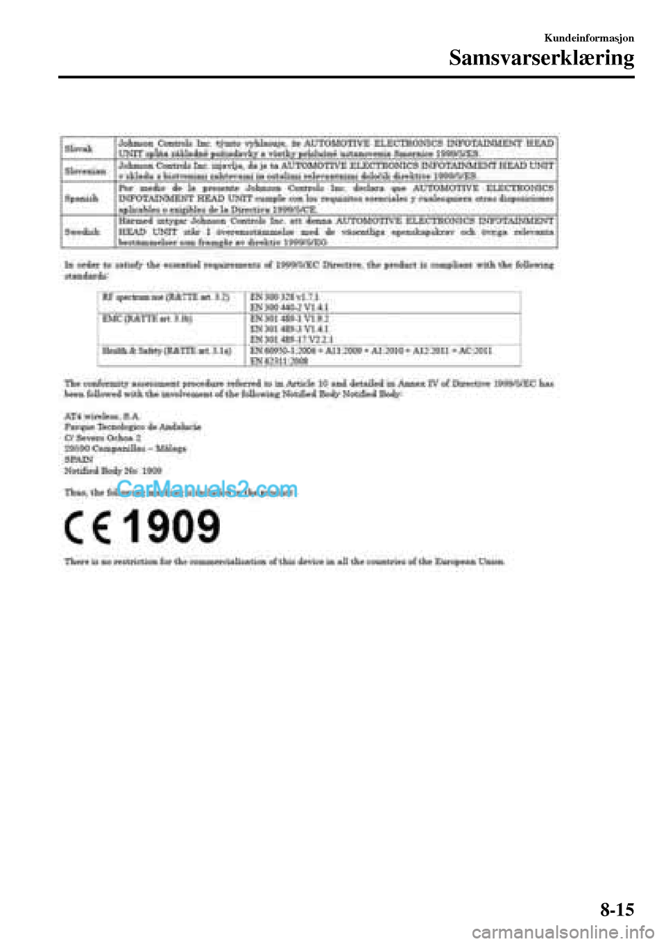 MAZDA MODEL MX-5 RF 2017  Brukerhåndbok (in Norwegian)  
Kundeinformasjon
Samsvarserklæring
8-15  