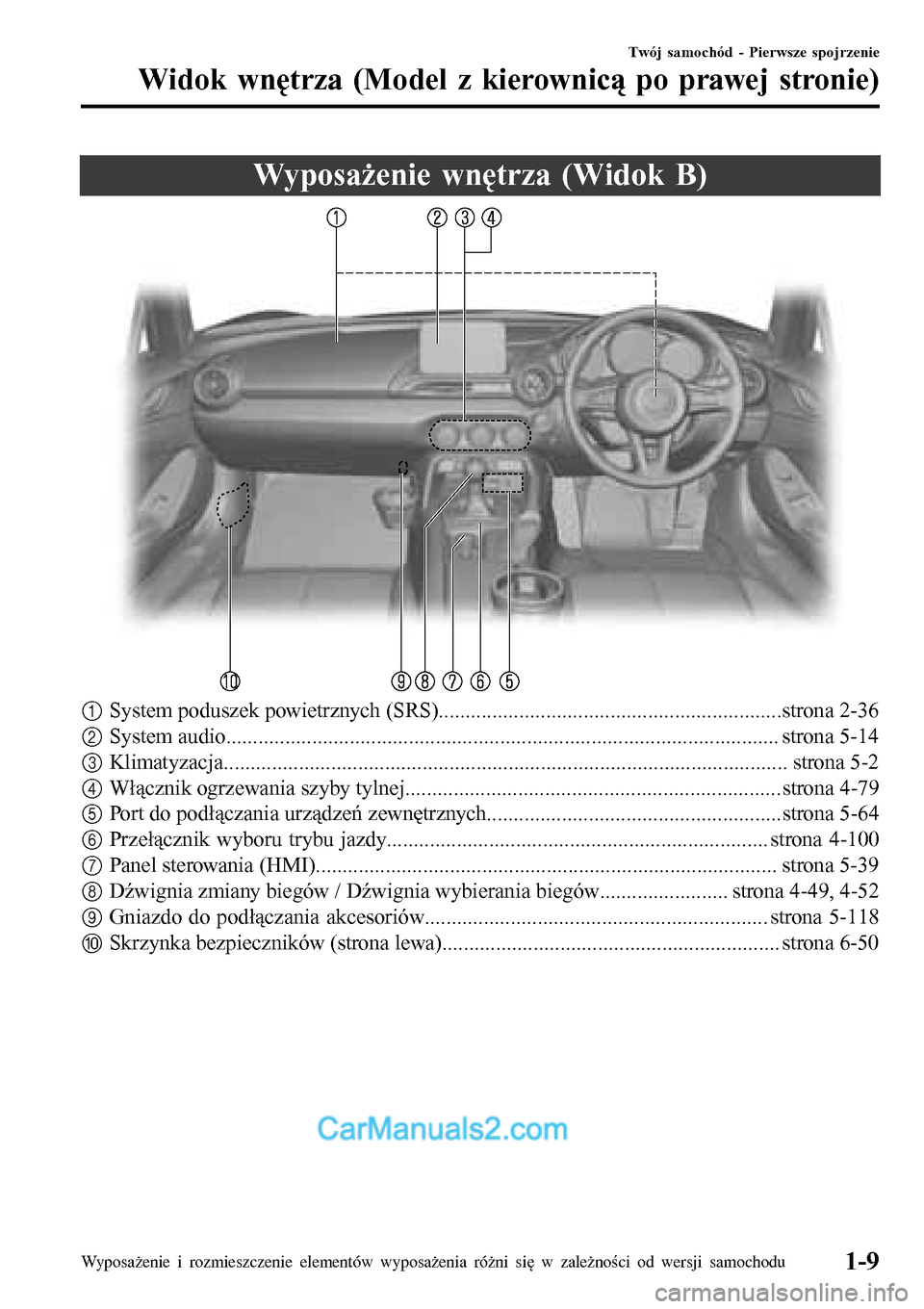 MAZDA MODEL MX-5 RF 2017 Instrukcja Obsługi (in Polish) Wyposażenie wnętrza (Widok B)
1System poduszek powietrznych (SRS)................................................................strona 2-36
2System audio............................................ MAZDA MODEL MX-5 RF 2017 Instrukcja Obsługi (in Polish) Wyposażenie wnętrza (Widok B)
1System poduszek powietrznych (SRS)................................................................strona 2-36
2System audio............................................