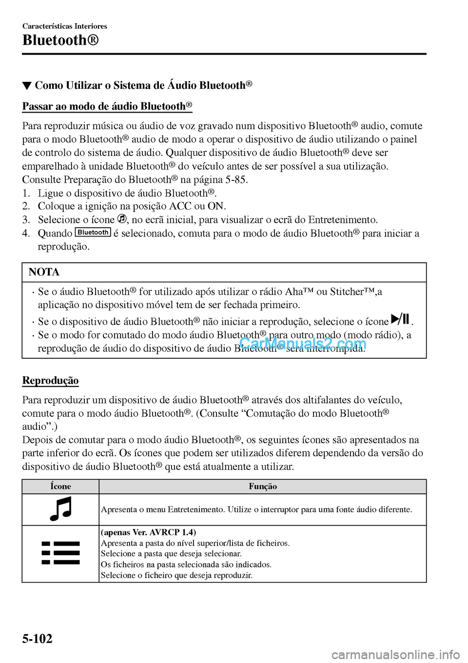 MAZDA MODEL MX-5 RF 2017 Manual do proprietário (in Portuguese) ▼Como Utilizar o Sistema de Áudio Bluetooth®
Passar ao modo de áudio Bluetooth®
Para reproduzir música ou áudio de voz gravado num dispositivo Bluetooth® audio, comute
para o modo Bluetooth
MAZDA MODEL MX-5 RF 2017 Manual do proprietário (in Portuguese) ▼Como Utilizar o Sistema de Áudio Bluetooth®
Passar ao modo de áudio Bluetooth®
Para reproduzir música ou áudio de voz gravado num dispositivo Bluetooth® audio, comute
para o modo Bluetooth